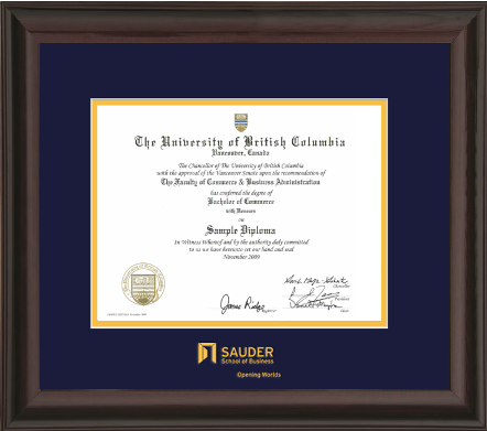 SAUDER BCOM - Mahogany finish wood frame with double mat board and gold embossed logo